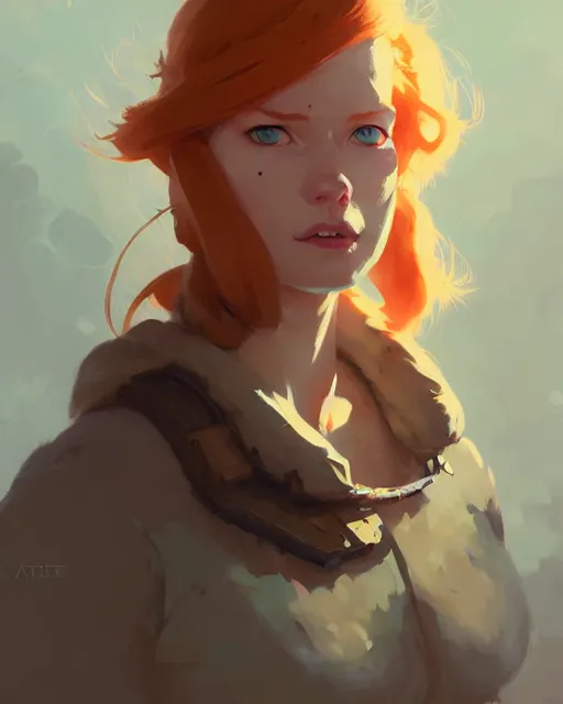 Prompt: hyper - realistic portrait of beautiful ginger female adventurer by atey ghailan, by greg rutkowski, by greg tocchini, by james gilleard, by joe fenton, by kaethe butcher, dynamic lighting, gradient light yellow, brown, blonde cream and white color scheme, grunge aesthetic