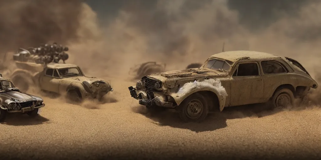 Image similar to needle felt of car chase scene from fury road ( 2 0 1 5 ), tilt shift, action shot, explosions, dust, detailed textures, dramatic light, god rays