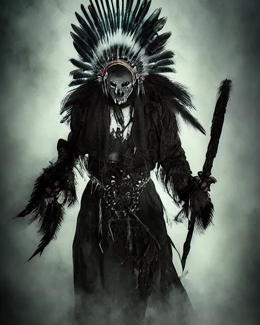 Image similar to wolf - human ghost - spirit of the grim - warpaint wears the scarlet skull armor and native blood headdress feathers, midnight fog - mist!, dark oil painting colors, realism, cinematic lighting, various refining methods, micro macro autofocus, ultra definition, award winning photo, photograph by ghostwave - gammell - giger - shadowlord