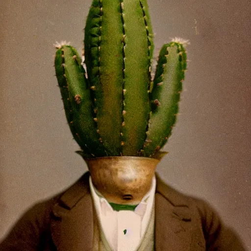 Prompt: Cactus wearing a tuxedo, 1800s, colorized photo