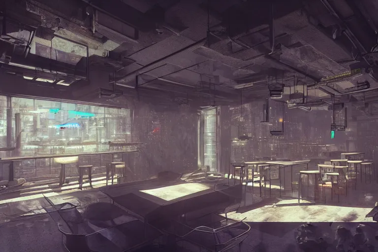 Image similar to Digital concept interior design in style of Hiromasa Ogura and Josan Gonzalez of cyberpunk tavern with stone walls and neon lights, a lot of electronics, many details. Natural white sunlight from the transperient roof. Rendered in VRAY and DaVinci Resolve and MAXWELL and LUMION 3D, Volumetric natural light