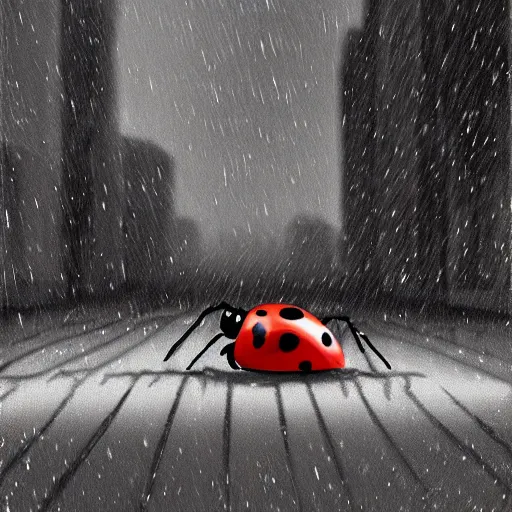 Prompt: a ladybug with six legs and a black head crawling on a sidewalk, it is night and raining, bushes in the background, street lamps are illuminating the street, moody lighting, peaceful atmosphere, digital art, highly detailed, high contrast, beautiful lighting, award winning, trending on art station, 8 k,