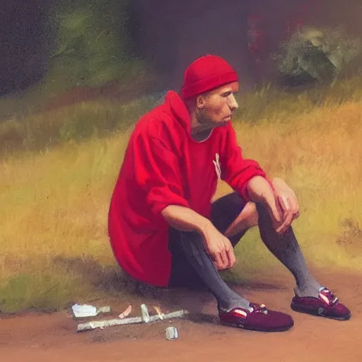 Image similar to a man in cheap and red used sportswear. he is smoking a cigarette. he is sitting on a dead dog. he is on the side of the road. he is wearing slippers. it is a rural scene, in poor village, dramatic lighting, hyper detailed, surreal, hyperrealism, oil painting