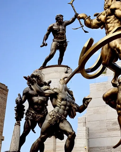 Image similar to jason and his argonauts sail by a gigantic bronze statue of a minotaur, bull man hybrid being holding a spear and shield, atmospheric, mythological