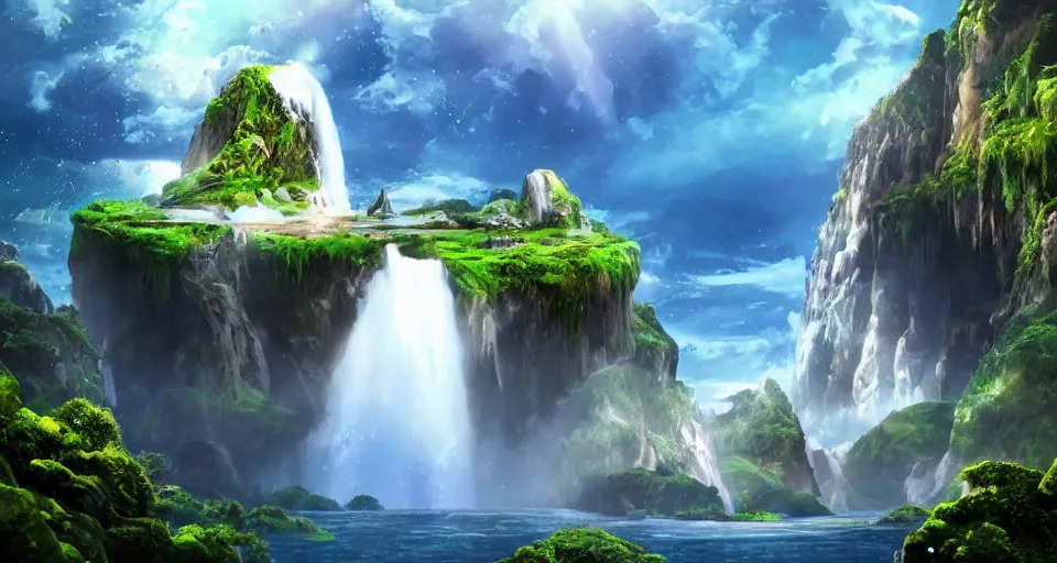 Image similar to A magnificent floating island in the sky above the sea, defying gravity, floating and flying island, waterfall, epic lighting, epic composition, highly detailed