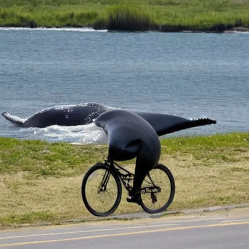Prompt: photo of a whale riding a bicycle