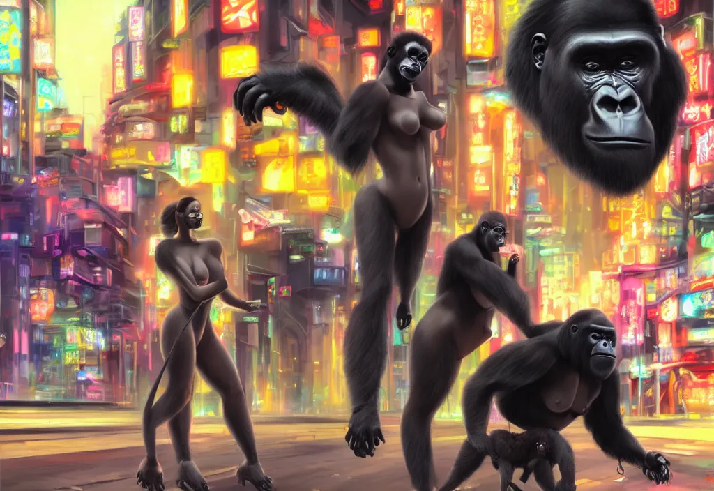 Image similar to a beautiful woman taking a gorilla for a walk in a cyber punk tokyo street, futuristic, realism, wide shot, busy street, dramatic lighting, neon signs, digital art, 8k resolution, high detail, by Boris Vallejo