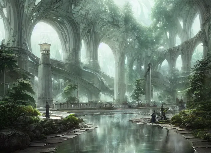 Prompt: A train subway inside a beautiful elven city made of white marble, anime, lush trees, fountain, statue, a fantasy digital painting by Greg Rutkowski and James Gurney, trending on Artstation, highly detailed