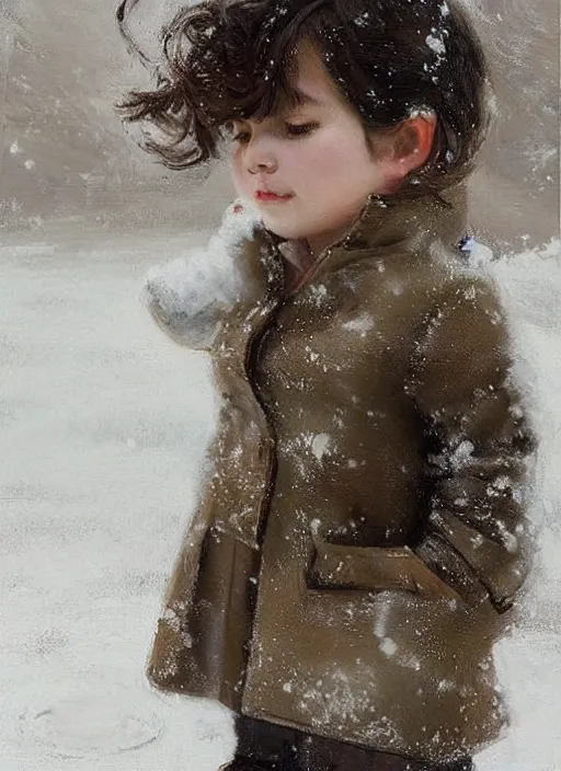 Prompt: a cute little girl with short brown curly hair standing in the snow. beautiful ethereal painting by ruan jia