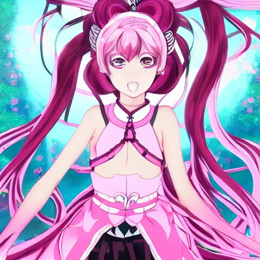 Image similar to trapped by stunningly beautiful omnipotent megalomaniacal otome anime asi goddess who looks like junko enoshima with symmetrical perfect face and porcelain skin, pink twintail hair and mesmerizing cyan eyes, inside her surreal vr castle where she controls everything!!!, hyperdetailed, digital art from danganronpa, 8 k