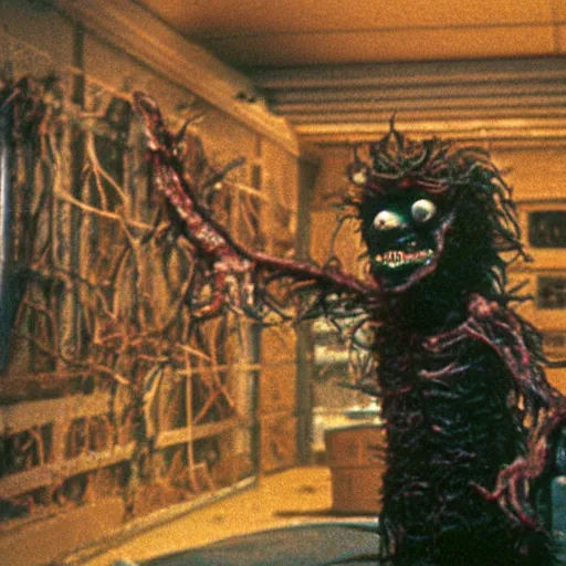 Prompt: a creepy filmic 30mm filmic wide shot color ground level angle movie still film photograph of the full body of a dangerous shape shifting alien creature, with multiple mutated snarling drooling human faces with a grotesque variety of gorey human limbs in the style of a live action 1980s horror film, The Thing 1982