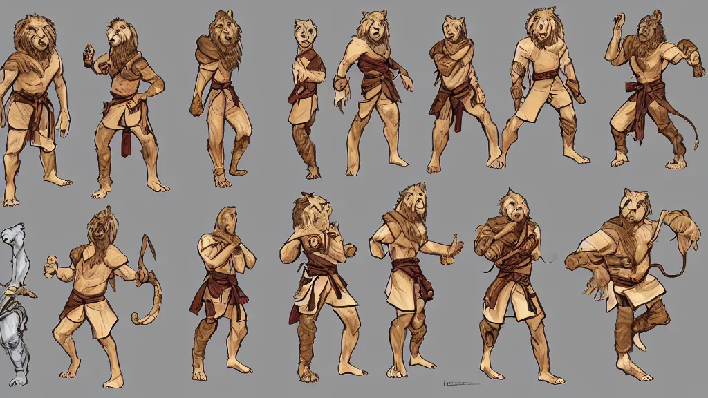 Image similar to a fantasy lion Martial artist person character design sheet, trending on artstation