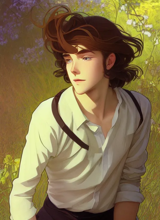 Image similar to pretty young man with shoulder length shiny shimmering golden blond hair, path traced, highly detailed, high quality, digital painting, by studio ghibli and alphonse mucha, leesha hannigan, makoto shinkai, disney