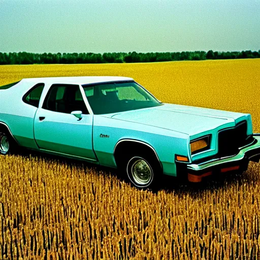 Image similar to A photograph of a beater faded Powder Blue Dodge Aspen (1976) in a farm field, photo taken in 1989