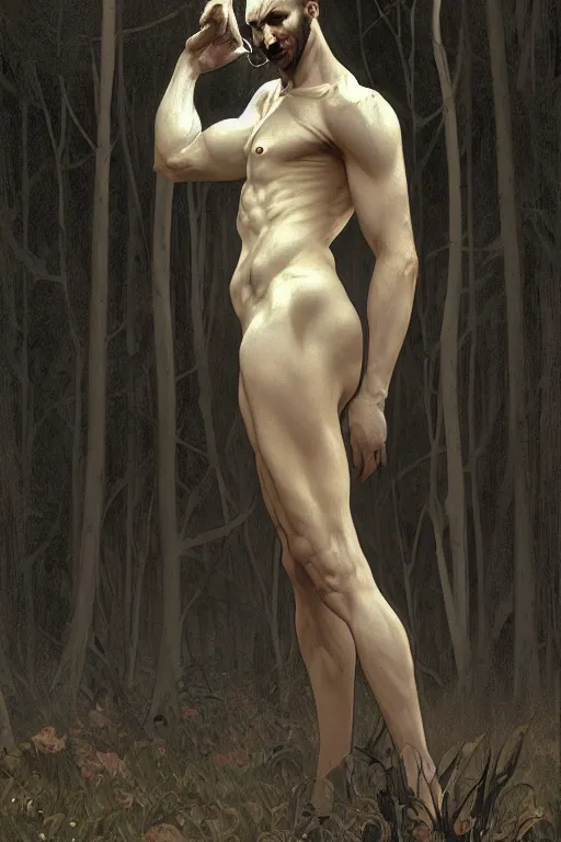 Image similar to full figure beautiful young fit antrophomorphic male wolf, bared teeth and long claws, dark scene, by greg rutkowski and alphonse mucha, d & d character, gradient black to silver, in a forest at night, highly detailed portrait, digital painting, artstation, concept art, smooth, sharp focus illustration, artstation hq