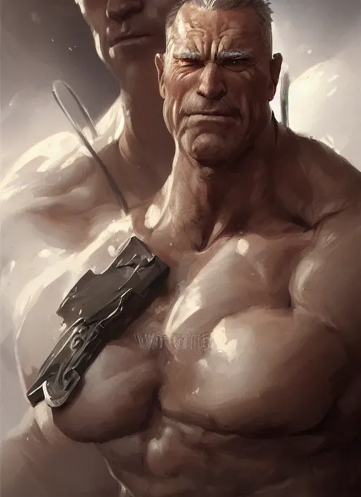 Prompt: detailed character concept illustration, strong muscular older soldier, white uncrop background, sharp focus, illustration, highly detailed, digital painting, concept art, matte, art by wlop and artgerm and greg rutkowski, masterpiece