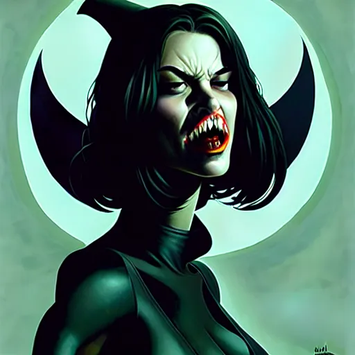 Image similar to rafael albuquerque comic art, peter mohrbacher, steve niles, artgerm, pretty mary elizabeth winstead witch sharp vampire teeth open mouth, black dress, symmetrical eyes, long blonde hair