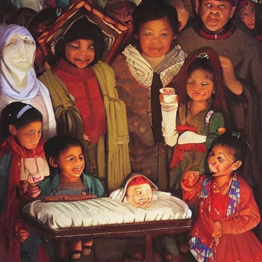 Image similar to ethnically diverse children in a church nativity play, art by normal rockwell