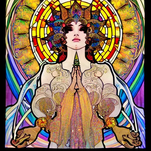 Prompt: burning man, goddess of enlightenment, sparkles, rainbow, mushrooms, third eye, jester hat, closed eyes, intricate, stained glass by alphonse mucha