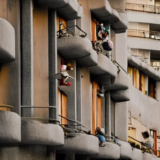 Prompt: some dwarfs are making some backward somersault from a balcony, photography