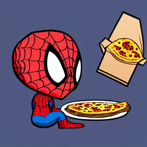 Prompt: digital illustration of cute chibi unmasked spiderman eating pizza, trending in artstation, highly detailed, award-winning, official marvel comics, cute, happy