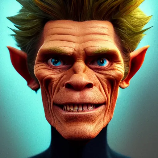 Image similar to portrait of willem dafoe as the goblin king, green skin, long sharp ears and nose, mattepainting concept blizzard pixar maya engine on stylized background splash comics global illumination lighting artstation, sharp focus, lois van baarle, ilya kuvshinov, rossdraws