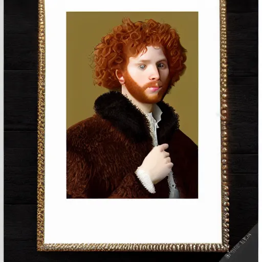 Prompt: young man with curly reddish hair, in rich Russian furcoat, with pearl earring, Russian Empire, cinematic lighting, highly detailed, digital art, Renaissance painting, framed, by Kiprensky, by Rutkowsky,