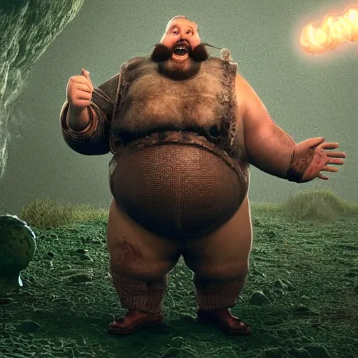 Prompt: highly detailed octane render of a short ugly fat man with a giant beard and wearing armour whilst laughing at a green mushroom cloud surrounded by dead insects in a cave