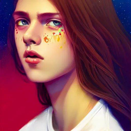 Image similar to colorful and festive captivating teenager with straight brown hair covering his eye, dark skin, big lips, big eyes, wearing a red t - shirt. rich vivid colors, ambient lighting, dynamic lighting, 4 k, atmospheric lighting, painted, intricate, highly detailed by charlie bowater