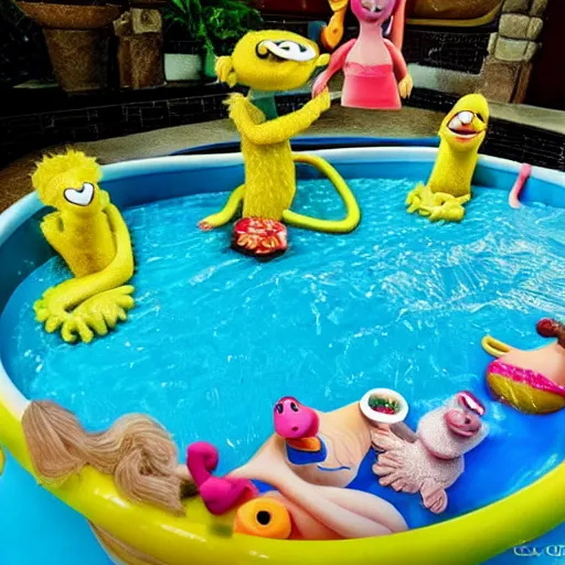 Prompt: a swimming pool filled with noodle soup! with muppets