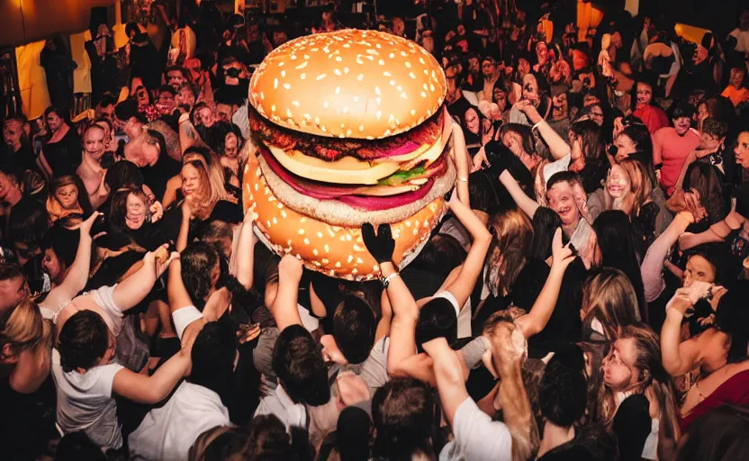 Image similar to a crowd of people dancing in a party around a giant hamburger,