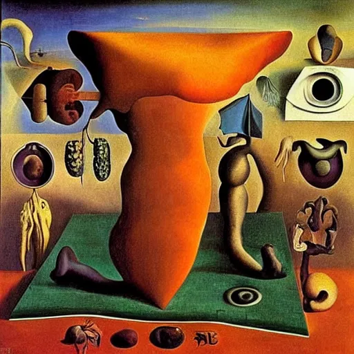 Prompt: The Allegory of Surrealism, cadavre exquis painting by Salvador Dali, André Breton, René Magritte, Max Ernst, Remedios Varo, Frida Kahlo