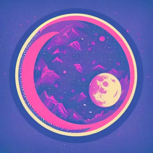 Prompt: beautiful detailed flat art of the moon, blue and purple with black background, style of tom whalen, enamel pin