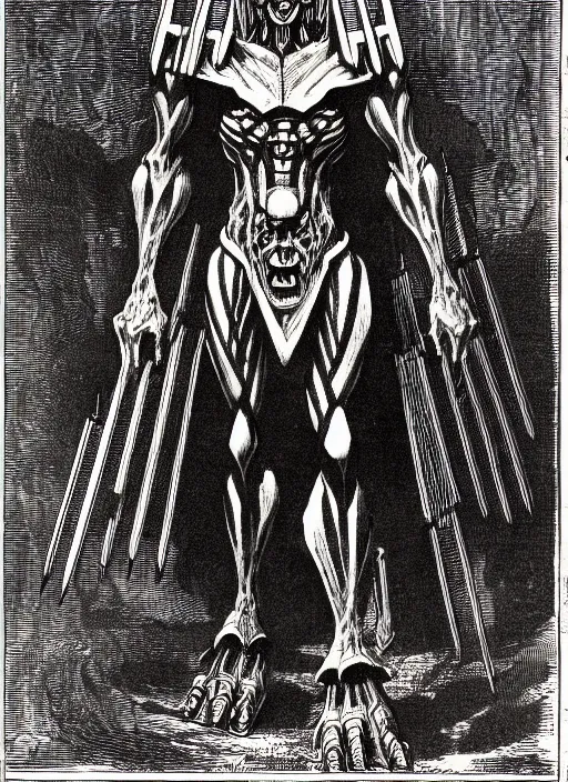 Image similar to illustration of g 1 megatron as a demon from the dictionarre infernal, etching by louis le breton, 1 8 6 9, 1 2 0 0 dpi scan, ultrasharp detail, clean scan