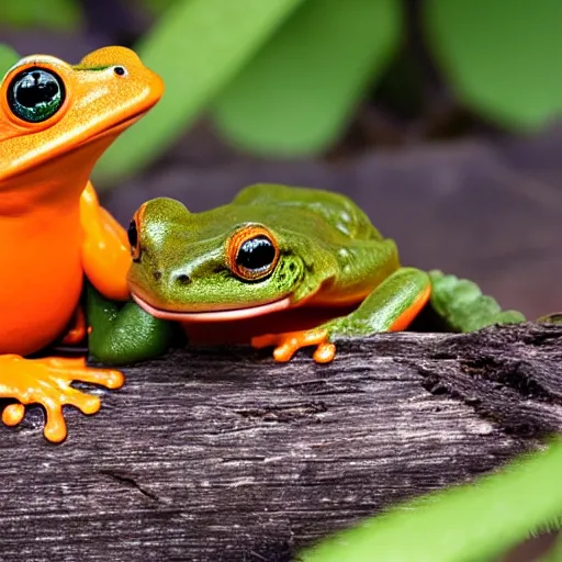 Prompt: photo < orange > and teal frog