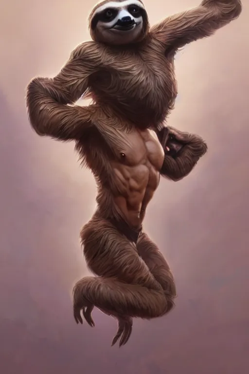 Image similar to anthro sloth lifting weights, dim dingy gym, dynamic pose, fantasy, intricate, elegant, highly detailed, digital painting, artstation, concept art, matte, sharp focus, illustration, art by artgerm and greg rutkowski and alphonse mucha