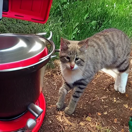 Image similar to trailcam footage of a cat cooking a meal using a bbq. caught on camera