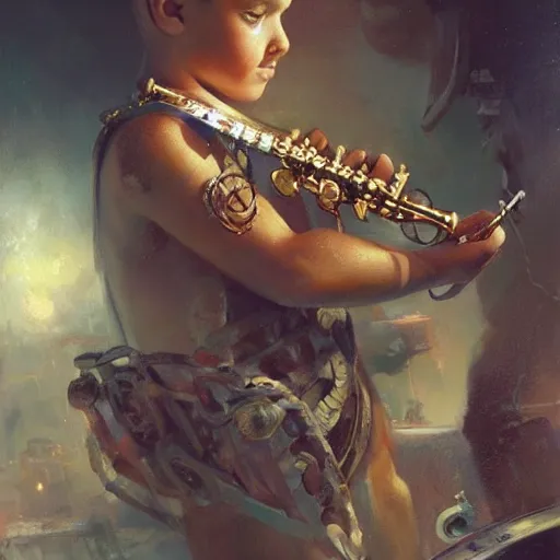 Image similar to stunning portrait of 3yo greek argonaut Orpheus playing the golden lyre, painting by Raymond Swanland, cyberpunk, sci-fi cybernetic implants hq