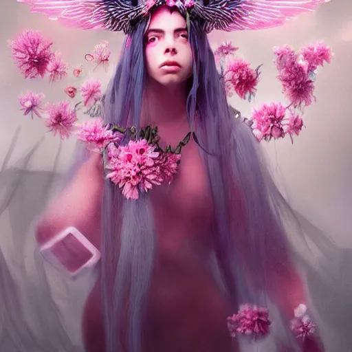 Prompt: billie eilish expressive full body photo, of beautiful angel, smooth glowing skin, ornate headpiece made from pink flowers, glamour shot, by yoshitaka amano, by greg rutkowski, by jeremyg lipkinng, by artgerm, digital art, octane render