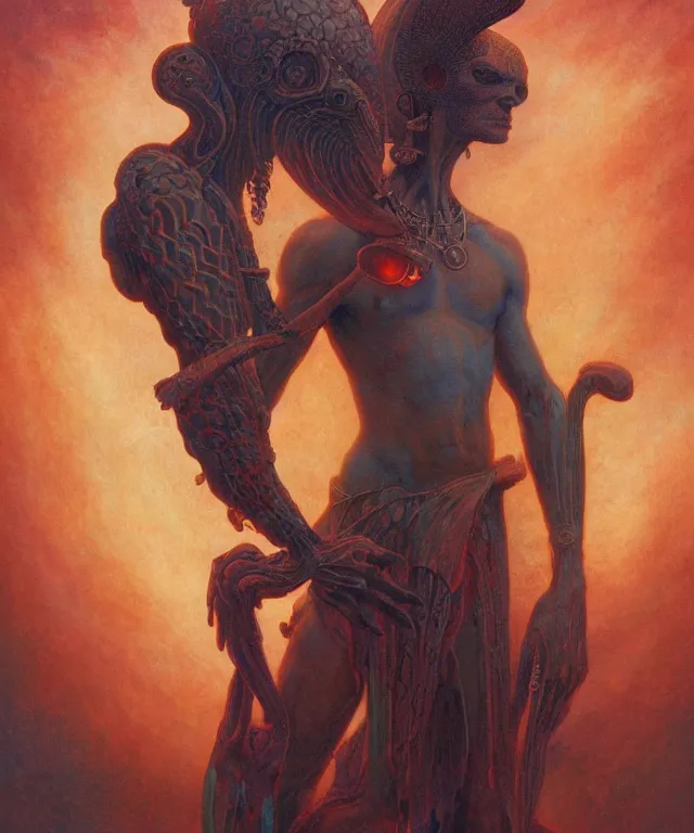 Image similar to horus with man ’ s body, glowing fiery background, in the style of peter mohrbacher, wayne barlowe, gustav moreau, bussiere, roberto ferri, santiago caruso, luis ricardo falero, austin osman spare, colorful