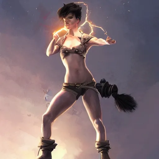 Image similar to beautiful muscular female gnome mechanic, casting lightning magic, short black pixie undercut hair, standing on ship deck, naval background, intricate, D&D, highly detailed, full body portrait, wide angle, digital painting, artstation, smooth, sharp focus, great composition, illustration, art by Greg Rutkowski, trending on artstation