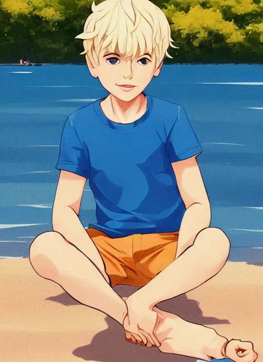 Prompt: a little boy with tousled blonde hair and blue eyes sitting on the beach. clean cel shaded vector art. shutterstock. behance hd by lois van baarle, artgerm, helen huang, by makoto shinkai and ilya kuvshinov, rossdraws, illustration, art by ilya kuvshinov