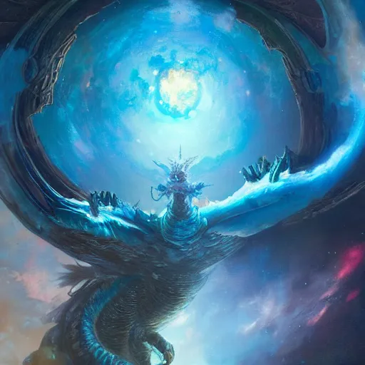 Prompt: prompt crystalline blue dragon in space devouring a planet, Smough, sun system, nebula, oil painting, by Fernanda Suarez and and Edgar Maxence and greg rutkowski