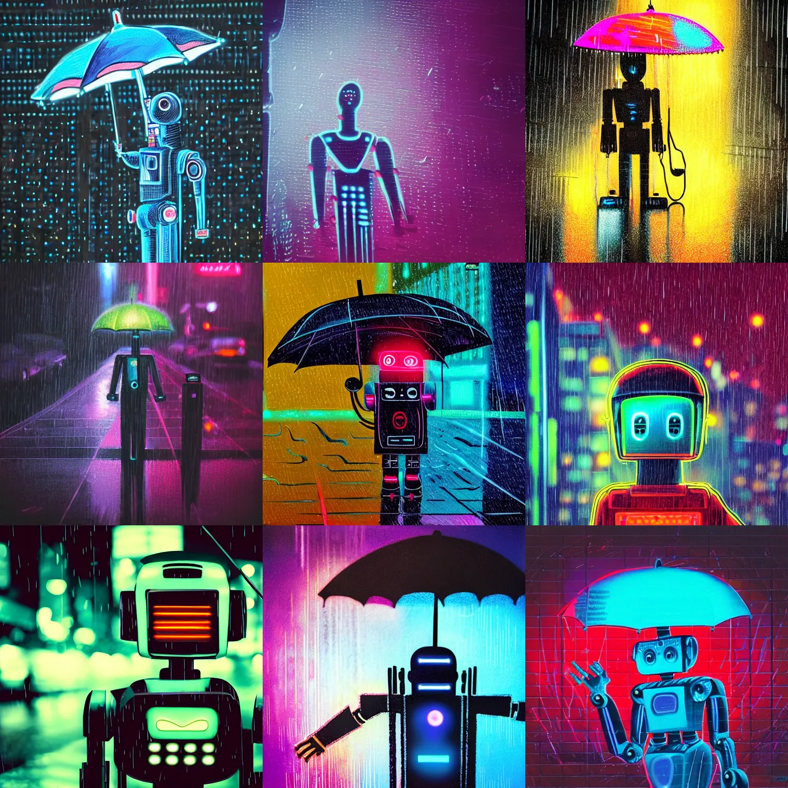 Prompt: close up of a robot holding an umbrella in a raining night in new york city neon lights moody 2 0 0 mm shot dark retrowave art by magali villeneuve