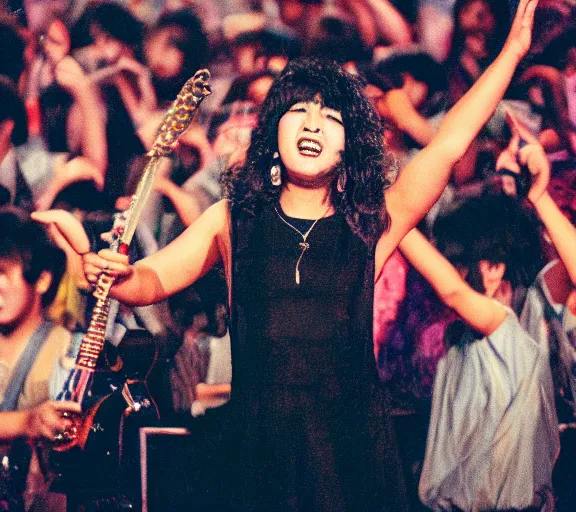 Image similar to photo of singer singing in an japan 1 9 8 0 pop big concert, and people enjoying the show, color photo, colored, ( sony a 7 r iv, symmetric balance, photolab, lightroom, 4 k, dolby vision, photography award )