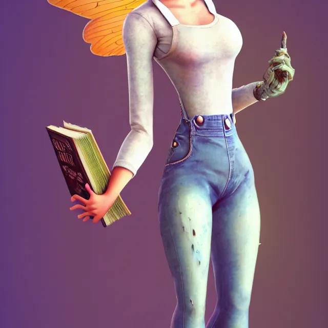 Image similar to full body pose, beautiful adult fairy, pixar, short white hair shaved sides, dirty, grungy, grunge, long sleeve, painted overalls, stacks of giant books, highly detailed, 4 k, hdr, smooth, sharp focus, high resolution, award - winning photo, artgerm, photorealistic