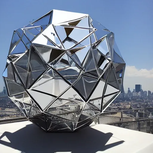 Image similar to ( very very large ) chrome dodecahedron! floating over a modern city