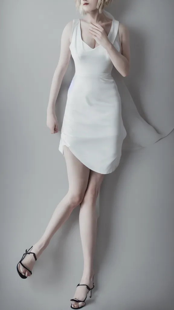 Image similar to emily skinner cosplaying annie leonhart wearing open toe heels and wearing a white dress in a white room looking up, beautiful face, pale skin, rule of thirds, cinematic lighting, rainy weather, melancholy atmosphere, sharp focus, backlit, stunning, smooth, hard focus, full body shot, studio photo, shot on sony a 7 iii, hyper realistic,