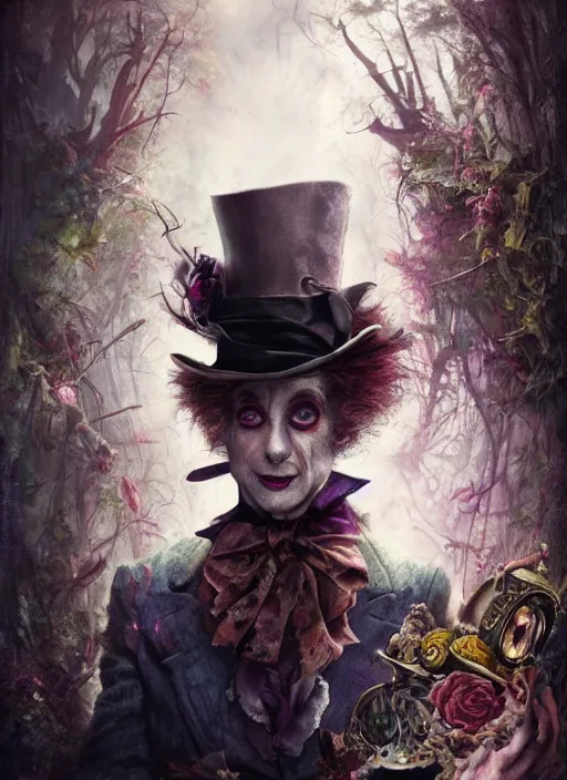 Image similar to Mad Hatter,highly detailed,cinematic,8k,by Stanley Artgermm,Tom Bagshaw,Greg Rutkowski,Carne Griffiths, Ayami Kojima, Beksinski, Giger,Anne Stokes, Benjamin Lacombe,trending on DeviantArt,hyper detailed,horror, full of colour