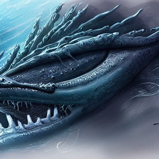 Prompt: sea monster looks like ship, deep dark sea, marine animal, highly detailed, digital painting, smooth, sharp focus, illustration, artstation